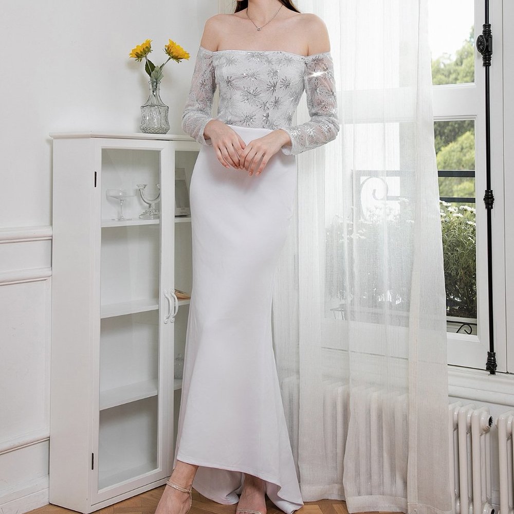 New Contrast Sequin Off Shoulder Mermaid Hem Wedding Dress